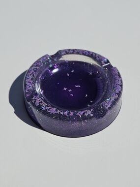 Handmade Purple Galaxy Inspired Round Resin Ashtray with Star & Moon Glitter
